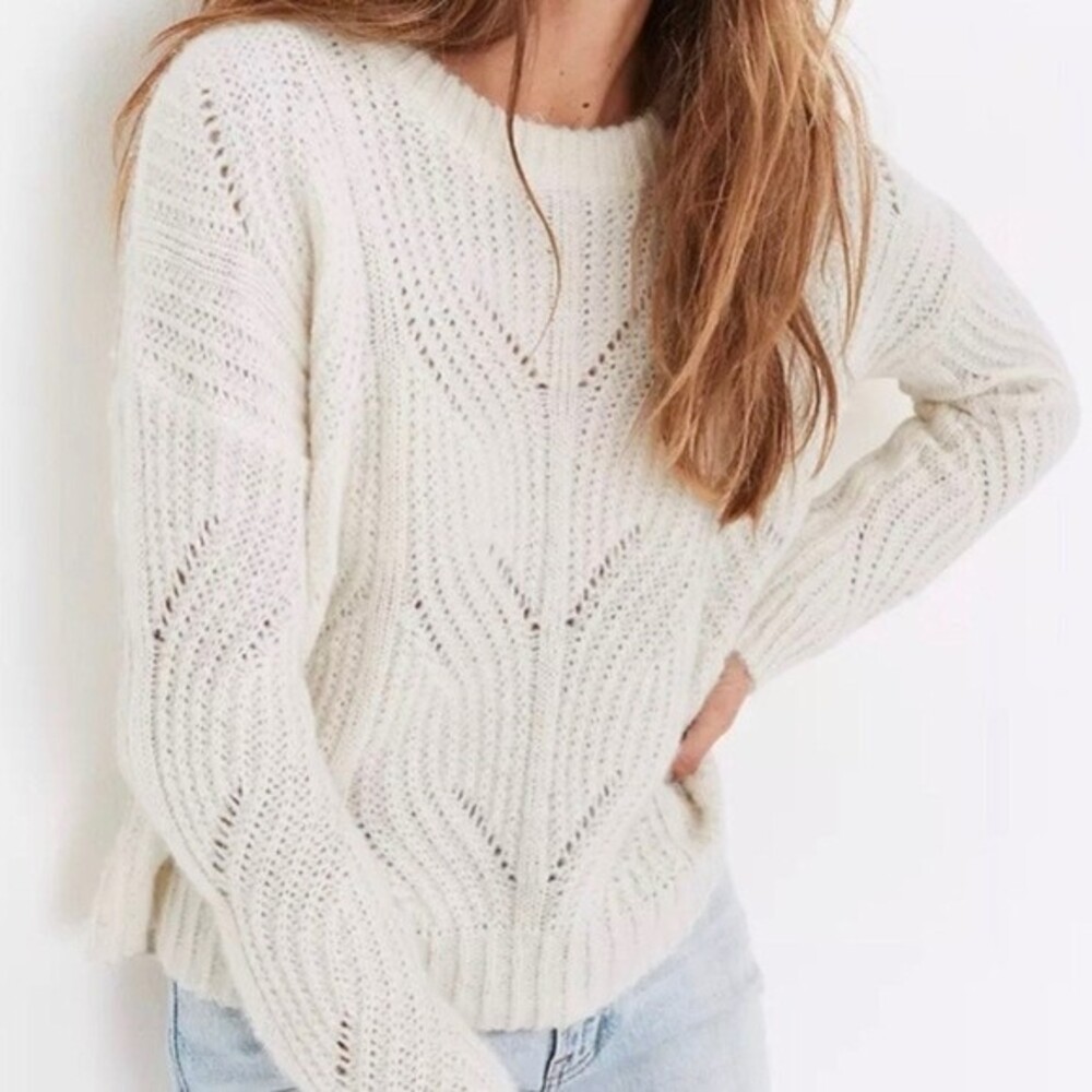 MADEWELL Charley Alpaca Blend Cable Knit Pullover Sweater In Ivory Size: L